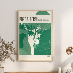Imprimez la carte de Port Alberni en Colombie-Britannique Plan de la ville du Canada Impressions en terre cuite Art mural en jade vert et bleu Plans de la ville de Port Alberni en Colombie-Britannique
