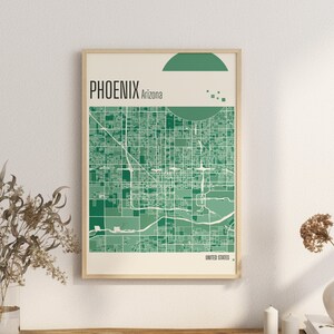 Impression carte de Phoenix, Arizona, plans de la ville des États-Unis, impressions en terre cuite, art mural en jade vert et bleu, cartes de la ville de Phoenix, États-Unis