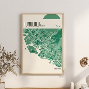 Drucken Sie eine Karte von Honolulu, Hawaii, Terrakotta-Drucke, grüne und blaue Jade-Wandkunst, Honolulu-Karte, Stadtpläne der Vereinigten Staaten, digitaler Download Bild 1