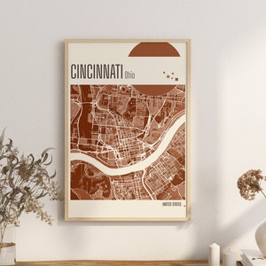 Impression carte CINCINNATI Ohio, carte de la ville, impression en terre cuite, art mural jade vert et bleu, carte des États-Unis, téléchargement numérique des plans de la ville
