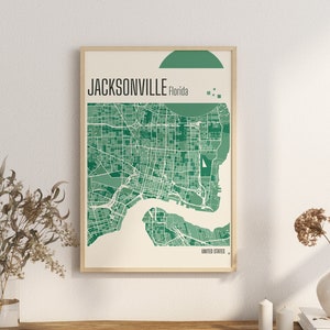 Kaart afdrukken Jacksonville Florida stadskaart terracotta prints groene en blauwe jade muurkunst Jacksonville kaart Verenigde Staten stadskaarten digitaal