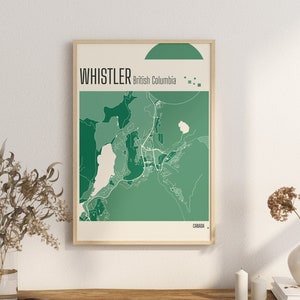 Imprimir Mapa Whistler Mapas de la ciudad de Columbia Británica Mapa de la ciudad de Canadá Impresiones de terracota Arte mural de jade verde y azul Mapas de la ciudad de Whistler, Canadá BC