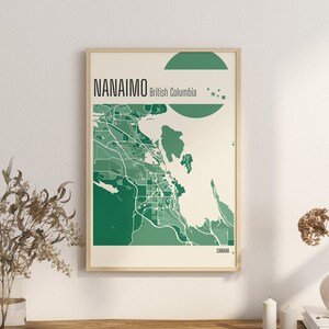 Imprimir Mapa Nanaimo Columbia Británica Mapas de la ciudad Canadá Mapa de la ciudad Impresiones en terracota Arte mural de jade verde y azul Mapas de la ciudad de Nanaimo Canadá BC