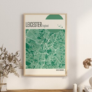 Kaart afdrukken Stadskaart LEICESTER Engeland terracotta wordt afgedrukt groene en blauwe jade muurkunst kaart Engeland VERENIGD KONINKRIJK Stadskaarten digitale download