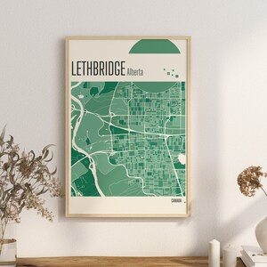 Imprimir Mapa LETHBRIDGE Mapas de la ciudad de Alberta Mapa de la ciudad de Canadá Impresiones de terracota Arte mural de jade verde y azul Mapas de la ciudad de Lethbridge, Canadá Alberta