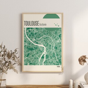 Wydrukuj mapę Tuluza Oksytania Mapy miast Francja Mapa miasta Wydruki z terakoty Zielony i niebieski Jade Wall Art Mapy miast Tuluza Francja w Oksytania