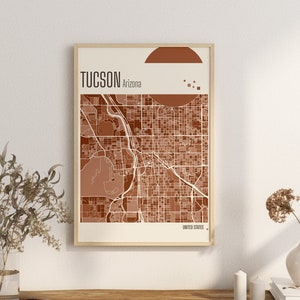 Imprimir Mapa Tucson Arizona Mapas de la ciudad Mapa de la ciudad de Estados Unidos Impresiones de terracota Arte mural de jade verde y azul Tucson Mapas de la ciudad de Estados Unidos