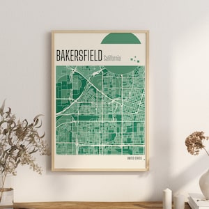 Drucken Sie den Stadtplan von Bakersfield, Kalifornien, Terrakotta-Drucke, grüne und blaue Jade-Wandkunst, Stadtpläne von Bakersfield, Vereinigte Staaten Bild 1