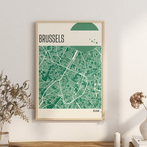 Imprimer la carte Plans de la ville de BRUXELLES Plan de la ville de Belgique Impressions en terre cuite Art mural en jade vert et bleu Plans de la ville de Bruxelles Belgique
