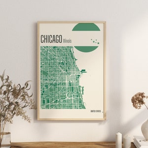 Impression carte de la ville de Chicago, Illinois, impression en terre cuite, art mural en jade vert et bleu, carte de Chicago, téléchargement numérique de cartes de la ville des États-Unis