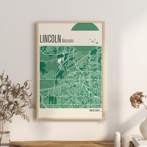 Impression carte, Lincoln, Nebraska, plan de la ville, impression en terre cuite, jade vert et bleu, art mural, carte de Lincoln, téléchargement numérique, cartes de la ville des États-Unis