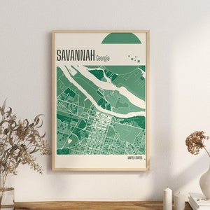 Imprimir Mapa Mapa de la ciudad de Savannah Georgia Impresiones en terracota Arte mural en jade verde y azul Mapa de Savannah Mapas de ciudades de Estados Unidos Descarga digital
