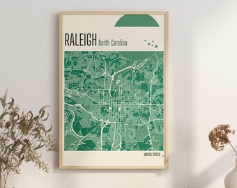 Print Map RALEIGH North Carolina City Map Terracotta Prints Green and blue Jade Wall Art map UNITED STATES City Maps Digital Download