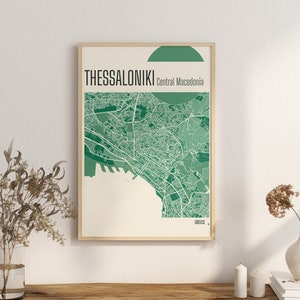 Posterdrucke Landkarte THESSALONIKI Zentral Makedonien Stadt Karte Terrakotta Prints Grüne und blaue Jade Wand Kunst Karte GRIECHENLAND Landkarten Digitaler Download