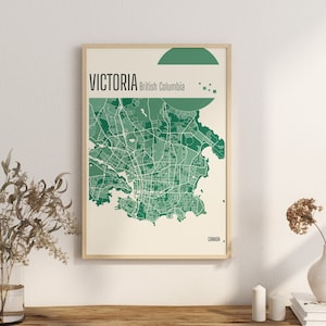 Imprimir Mapa Victoria Columbia Británica Mapas de la ciudad Canadá Mapa de la ciudad Impresiones en terracota Arte mural en jade verde y azul Mapas de la ciudad de Victoria, Canadá BC