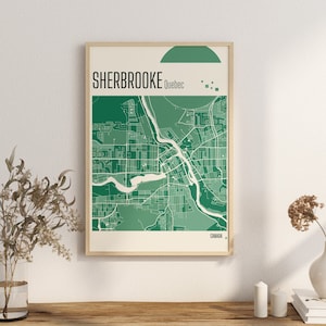 Imprimir Mapa Sherbrooke Mapas de la ciudad de Quebec Mapa de la ciudad de Canadá Impresiones de terracota Arte mural de jade verde y azul Mapas de la ciudad de Sherbrooke, Canadá en Quebec