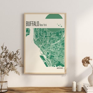 Impression de la carte BUFFALO, carte de la ville de New York, impressions en terre cuite, art mural en jade vert et bleu, carte BUFFALO, téléchargement numérique des cartes de la ville des États-Unis