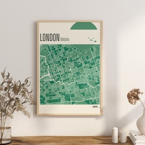 Impression carte de Londres, Ontario, plans de la ville du Canada, impression en terre cuite, art mural en jade vert et bleu, Londres, Canada, cartes de la ville de l'ontario