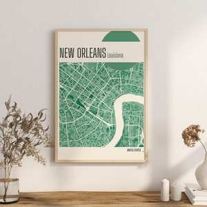 Carte imprimée carte de la Nouvelle-Orléans en Louisiane, impression en terre cuite, art mural en jade vert et bleu, carte de la Nouvelle-Orléans, cartes numériques de la ville des États-Unis