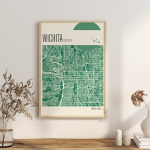 Imprimir Mapa Wichita Kansas City Mapa Impresiones en terracota Arte mural en jade verde y azul Mapa de Wichita Mapas de ciudades de Estados Unidos Descarga digital