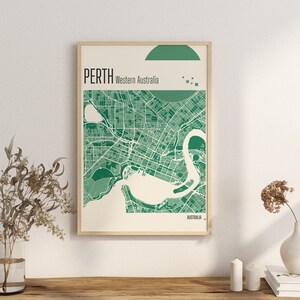Imprimir Mapa Mapas de la ciudad de Perth, Australia Occidental Mapa de la ciudad de Australia Impresiones de terracota Arte mural de jade verde y azul Mapas de la ciudad de Perth, Australia