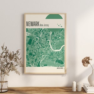 Imprimir Mapa NEWARK Mapa de la ciudad de Nueva Jersey Impresiones en terracota Arte mural en jade verde y azul Mapa de NEWARK Mapas de ciudades de Estados Unidos Descarga digital