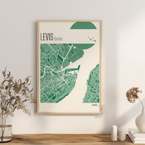 Imprimir Mapa Levis Mapas de la ciudad de Quebec Mapa de la ciudad de Canadá Impresiones de terracota Arte de pared de jade verde y azul Levis Mapas de la ciudad de Canadá en Quebec