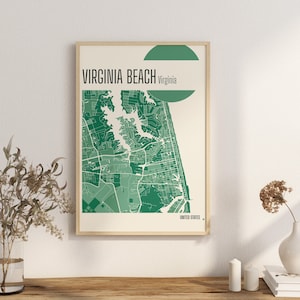 Imprimer la carte VIRGINIA Beach Virginia City Map Impressions en terre cuite Art mural en jade vert et bleu Carte de la plage États-Unis Cartes de la ville en téléchargement numérique