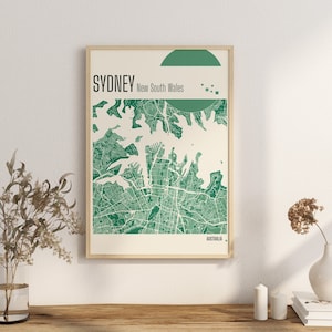 Imprimez la carte Cartes de la ville de Sidney, Nouvelle-Galles du Sud, Carte de la ville d'Australie, Impressions en terre cuite, Art mural en jade vert et bleu, Cartes de la ville de Sidney, Australie