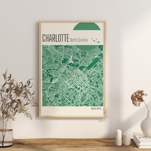 Impression de la carte, carte de la ville de Charlotte en Caroline du Nord, impression en terre cuite, carte d'art mural en jade vert et bleu, cartes de la ville des États-Unis en téléchargement numérique