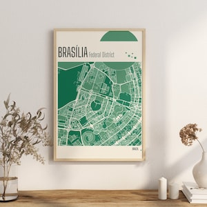 Print Map Brasilia Federal District City Maps BRAZIL City Map Terracotta Prints Green and blue Jade Wall Art Brasilia Brazil City Maps