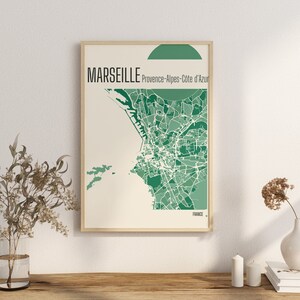 Carte de Marseille, Provence-Alpes-Côte d'Azur, carte de France, carte de la ville de France, impression en terre cuite, oeuvre d'art murale en jade vert et bleu, carte de la ville de Marseille