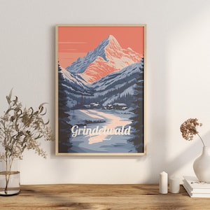 Puede incluir: Un póster de estilo vintage con un paisaje de montaña en tonos azules y rosas. El póster presenta una cordillera con un río que fluye a través de ella. El texto "Grindelwald" está impreso en negrita, en blanco, en la parte inferior del póster.