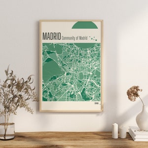 Imprimir Mapa de la Ciudad de Madrid Mapa de la Ciudad de Madrid Impresiones en Terracota Arte de Pared de Jade Verde y Azul Mapa de la Comunidad de Madrid Mapas de la Ciudad de ESPAÑA Descarga Digital