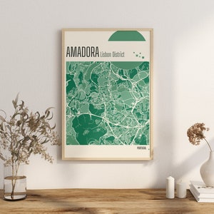 Print Map AMADORA Lisbon District City Map Terracotta Prints Green and blue Jade Wall Art AMADORA map PORTUGAL City Maps Digital Download