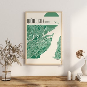 Impression de la carte de la ville de Québec RÉGION Cartes de la ville du Canada Carte de la ville du Canada Impressions en terre cuite Art mural en jade vert et bleu Cartes de la ville de Québec, Canada, Québec