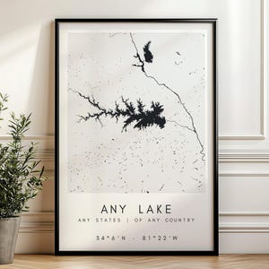 Puede incluir: Lámina artística enmarcada en negro con un mapa en blanco y negro de un lago. La impresión incluye el texto "ANY LAKE" y coordenadas. Una planta en maceta está a la izquierda de la impresión.