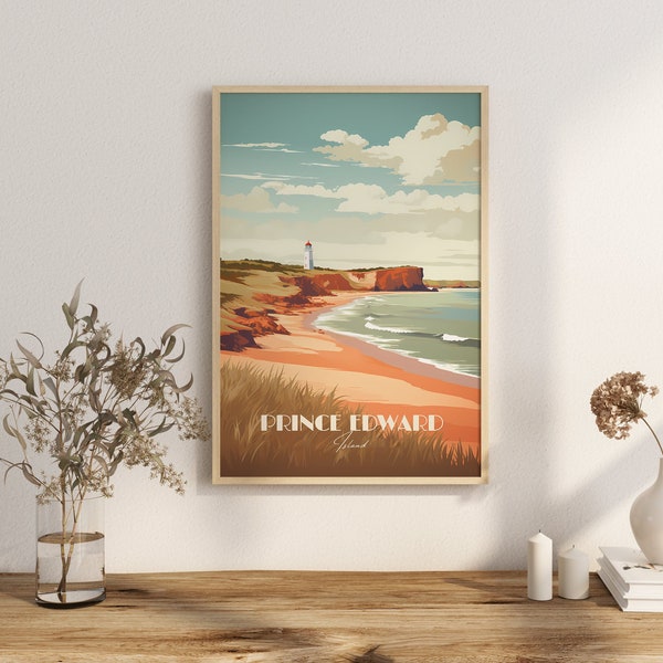 Impressie van het eiland-du-Prince-Édouard affiche PEI Beach Strolls PEI Poster Lighthouse Views Wall Decor Red Sand Shores Art Print Canada