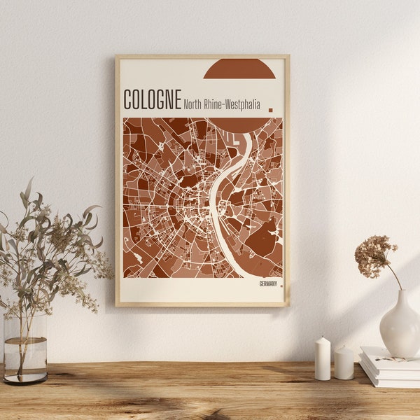 Print Map COLOGNE North Rhine-Westphalia City Map Terracotta Prints Green and blue Wall Art COLOGNE map GERMANY City Maps Digital Download