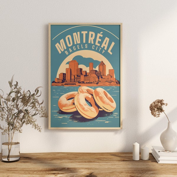 Afdrukken Montreal Bagel poster bagel Skyline - Muurdecoratie Lokale keuken Kunstdruk Canada Quebec Mont Royal, druk Viateur Bakery drukkerij