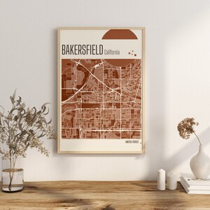 Drucken Sie den Stadtplan von Bakersfield, Kalifornien, Terrakotta-Drucke, grüne und blaue Jade-Wandkunst, Stadtpläne von Bakersfield, Vereinigte Staaten Bild 2