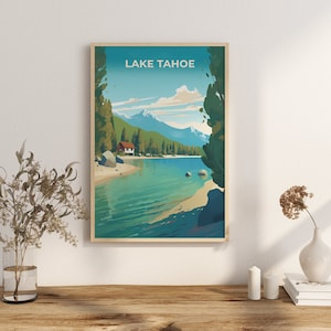 Print Lake Tahoe Poster California-Nevada Canoe Poster Ski Snowy Mountains Wall Decor Crystal Clear Water Art Print USA