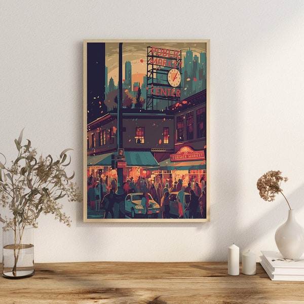 Stampa Poster del mercato di Pike Place Seattle Washington Poster Pacific Northwest Landmark Washington Decorazione murale Seattle Cityscape Art Print USA