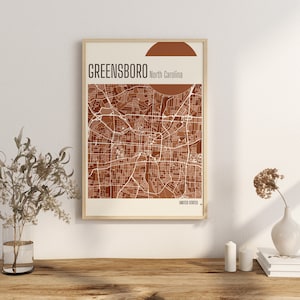 Imprimir Mapa GREENSBORO Mapa de la ciudad de Carolina del Norte Impresiones en terracota Arte mural en jade verde y azul Mapa de Carolina ESTADOS UNIDOS Mapas de ciudades Digital