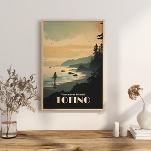 May include: A vintage-style travel poster featuring a silhouette of a person walking on a beach with a mountain range and ocean in the background. The text on the poster reads "Vancouver Island TOFINO".