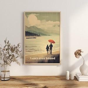Print Vancouver Island Poster British Columbia Poster Rain and Umbrella Wall Decor Beach Strait View Art Print Canada