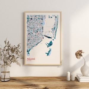 Kaart afdrukken Stadskaarten Miami Florida Stadskaart wordt afgedrukt Muurkunst Stadskaarten Miami Florida VS Kleurrijke kaarten Stadskaart Miami
