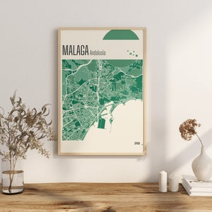 Imprimir Mapa MÁLAGA Mapa de la ciudad de Andalucía Impresiones en terracota Arte mural en jade verde y azul Mapa de Andalucía Mapas de la ciudad de ESPAÑA Descarga digital