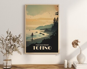 May include: A vintage-style travel poster featuring a silhouette of a person walking on a beach with a mountain range and ocean in the background. The text on the poster reads "Vancouver Island TOFINO".