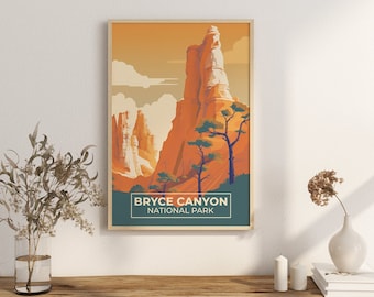 May include: A vintage-style poster with a colorful illustration of a red rock formation in Bryce Canyon National Park. The poster has a teal blue background with the text "Bryce Canyon National Park" in white.